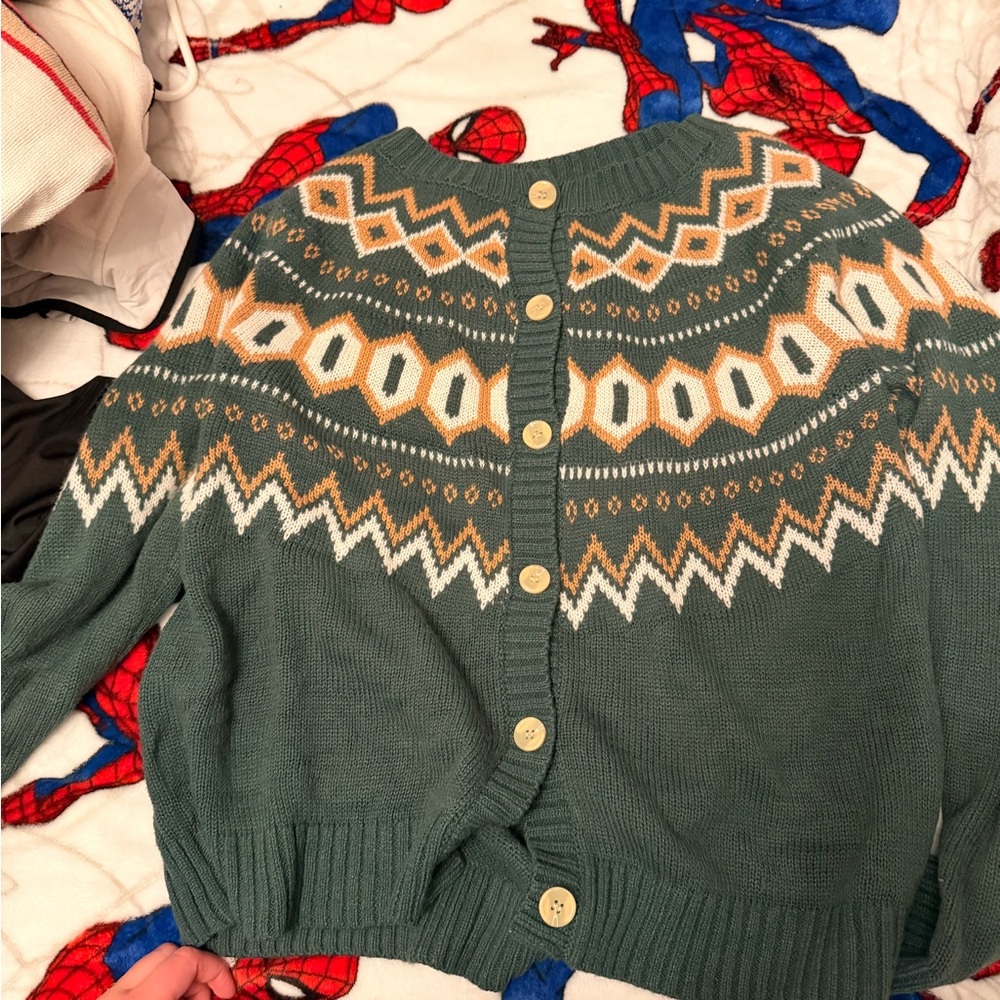 Maurices Green Fair Isle Button-Up Cardigan with Cream and Tan Pattern